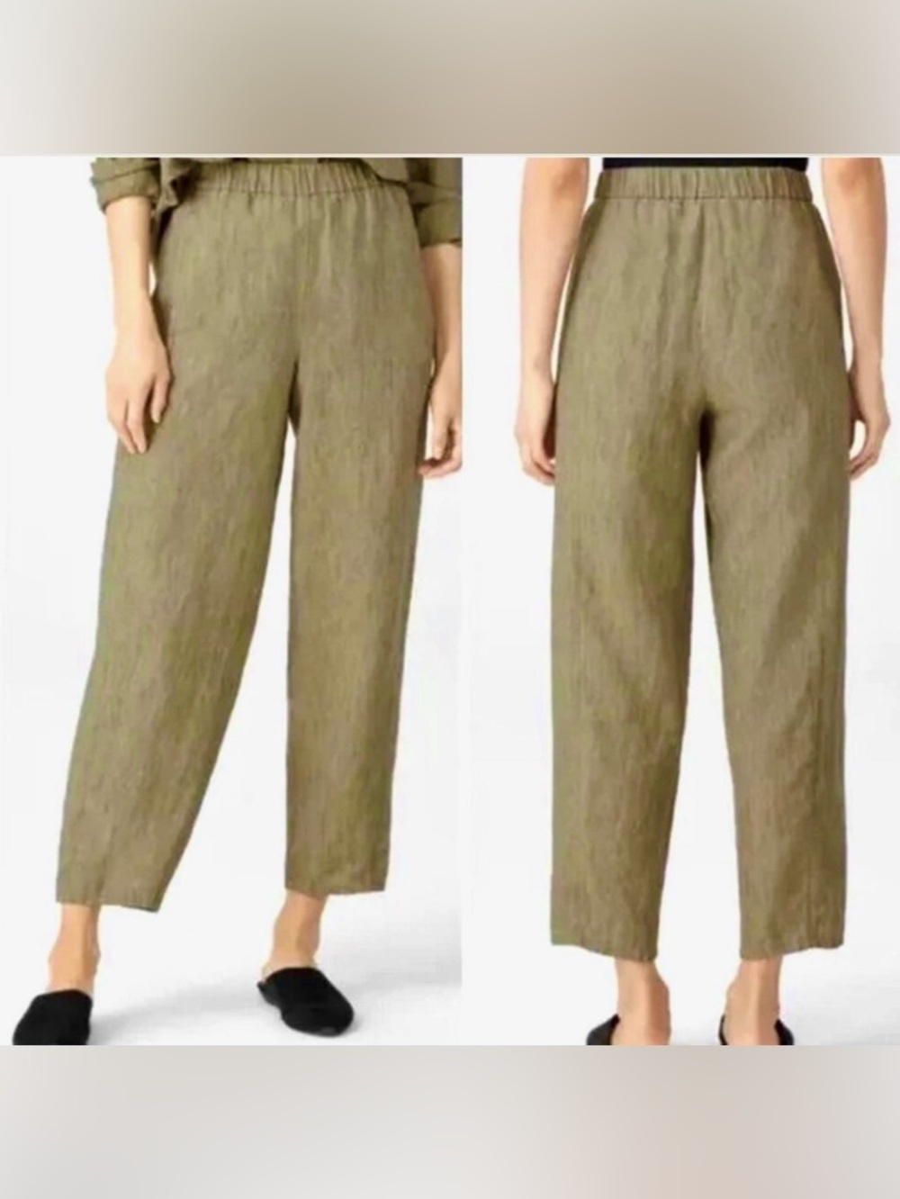 Eileen Fisher Delave Organic Linen Olive Green Tapered Cropped Pull On Pants L